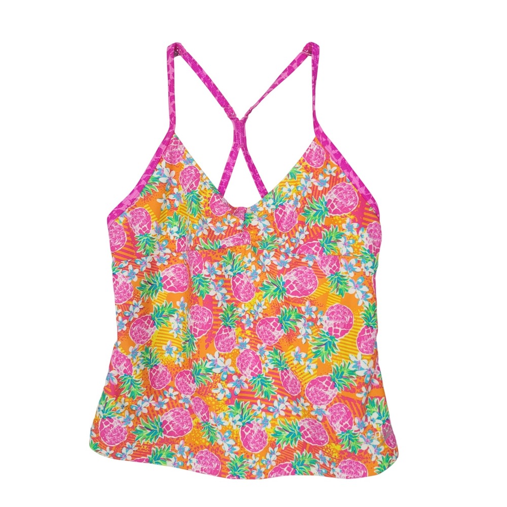 Speedo Tankini Swim Top Girls 16 Pink Orange Pineapple Tropical Cross Back